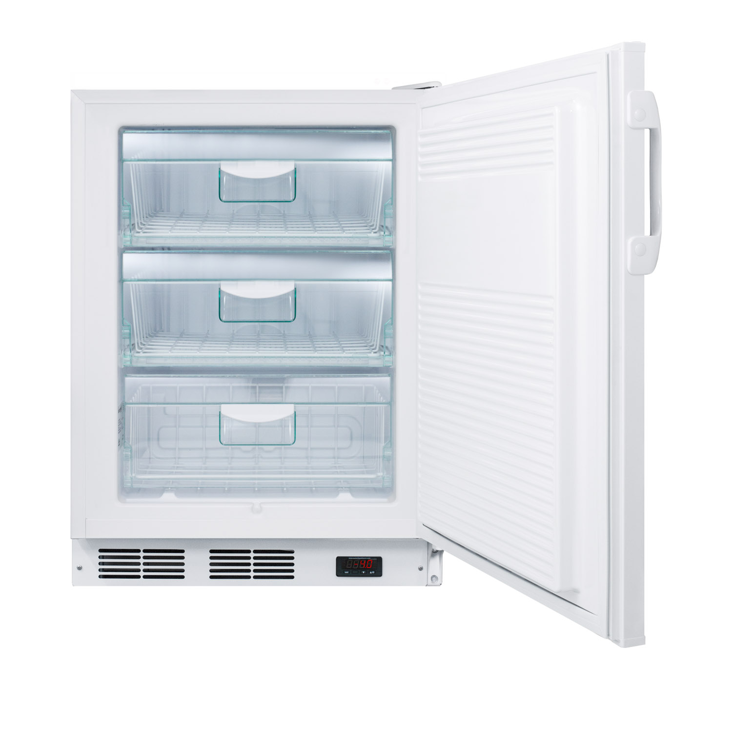 ADA compliant MOMCUBE all-freezer for storage of breast milk, with manual defrost, front lock, and reversible door